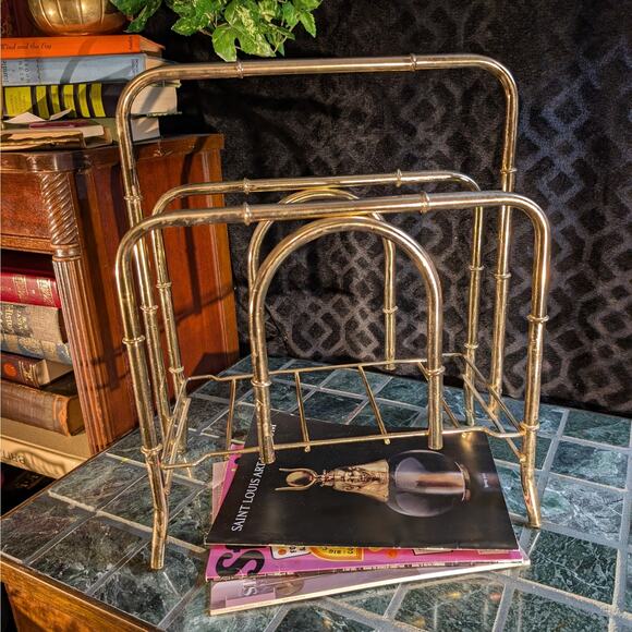 Vintage MCM Polished Brass Faux Bamboo Magazine Rack or Blanket Wood Book Holder - Picture 1 of 8